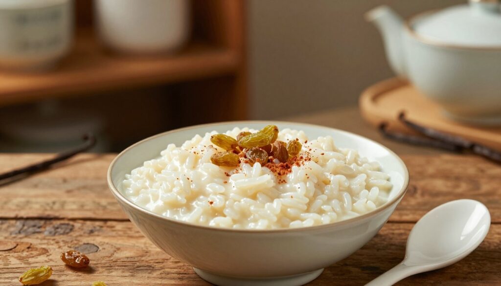 A creamy bowl of rice pudding sits invitingly on a rustic wooden table. The rice is perfectly cooked, with a silky, smooth texture, glistening under soft, warm lighting. In the foreground, the rice pudding is adorned with a sprinkle of cinnamon and a few plump raisins, enhancing its delightful appearance. To the side, an elegant porcelain spoon rests casually, suggesting readiness to taste this comforting dish. In the background, a blurred kitchen setting with warm wooden shelves displays traditional cooking utensils and a subtle hint of vanilla beans, creating an inviting atmosphere. The focus is sharp on the rice pudding, capturing its creamy essence and inviting colors, while the soft bokeh in the background adds warmth and homey charm to the scene.