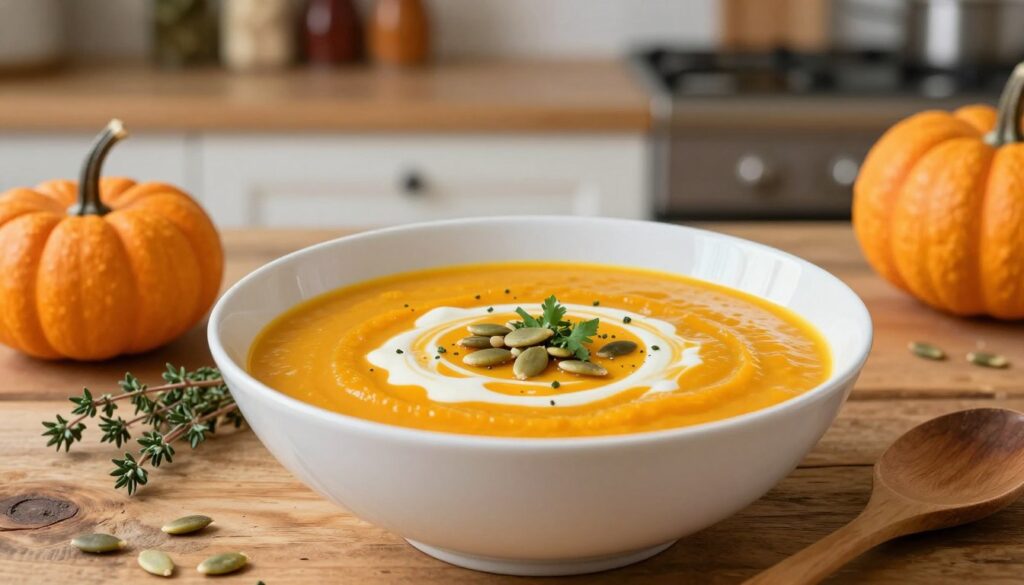 A creamy pumpkin soup, known as "krem dyni", is beautifully presented in an elegant white bowl. The soup has a smooth, velvety texture, enriched with a swirl of contrasting cream and topped with a sprinkle of pumpkin seeds and fresh herbs. In the foreground, a rustic wooden table sets a warm tone. Surrounding the bowl are playful elements like a small pumpkin, sprigs of thyme, and a wooden spoon. The middle ground features soft, natural lighting that enhances the vibrant orange color of the soup. In the background, a cozy kitchen scene with blurred shelves lined with spices creates a welcoming atmosphere. The overall mood is inviting, evoking the warmth and comfort of a homemade dish.