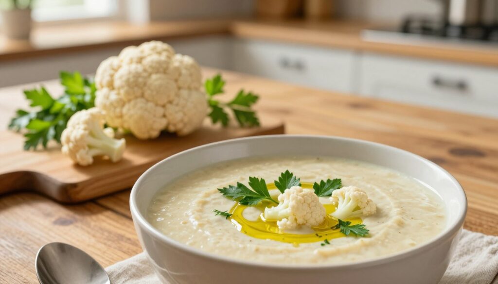 A delicious bowl of creamy cauliflower soup, garnished with fresh parsley and a drizzle of olive oil, sits invitingly in the foreground. The soup is a warm, light beige color, showcasing tender pieces of cauliflower and vibrant green herbs. In the middle ground, a rustic wooden table is adorned with a cutting board, featuring fresh cauliflower and sprigs of parsley, emphasizing the use of simple, fresh ingredients. The background softly blurs into a cozy kitchen setting, with warm sunlight streaming through a window, casting gentle highlights on the scene. The mood is comforting and homey, evoking a sense of warmth and simplicity. Use soft, natural lighting to reflect the freshness of the ingredients, shot from a slightly elevated angle to capture the depth of the bowl and the inviting essence of the soup.