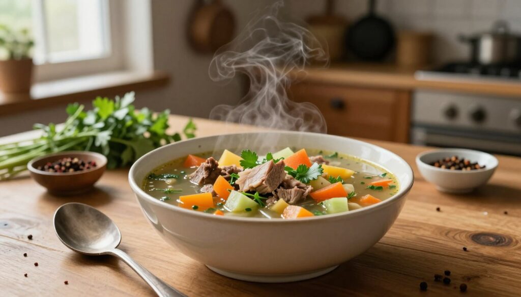 A delicious, steaming bowl of traditional soup, filled with vibrant ingredients like diced vegetables, herbs, and savory pieces of meat, positioned in the center of a warm wooden table. The foreground features a rustic spoon resting beside the bowl, glistening under soft, natural light filtering in from a nearby window. The middle background showcases fresh herbs and spices in small bowls, emphasizing the essential elements of flavor. In the background, a cozy kitchen with wooden cabinets and hanging pots creates an inviting atmosphere. The overall mood is homely and comforting, highlighting the essence of home-cooked meals. The image captures the process of crafting a perfect soup, showcasing its rich colors and textures without any distractions or text, solely focusing on the dish itself.