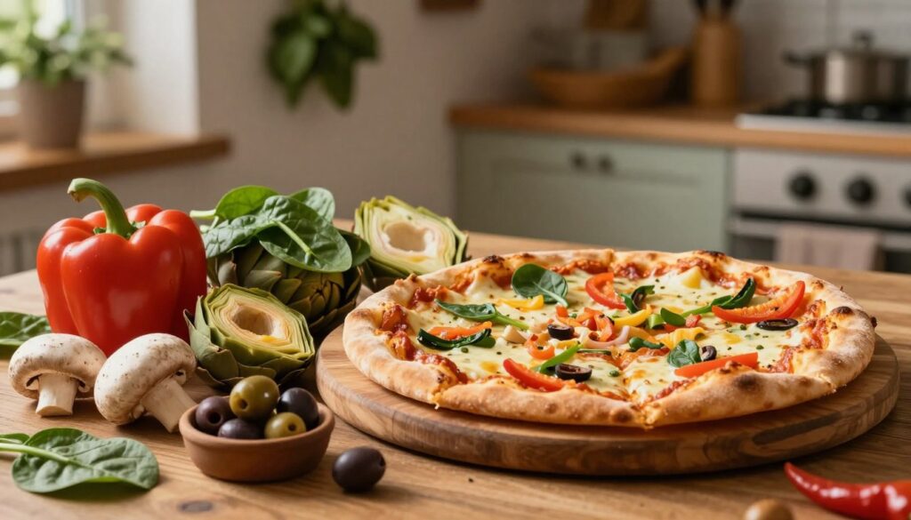 A detailed composition showcasing a variety of vegetarian and vegan pizza toppings displayed on a wooden pizza board. In the foreground, fresh ingredients like vibrant bell peppers, mushrooms, spinach, artichokes, and olives are artistically arranged beside a perfectly baked pizza slice with melted cheese and colorful toppings. The middle ground features a rustic kitchen setting with soft, warm lighting casting gentle shadows, emphasizing the textures of the vegetables and the golden crust of the pizza. In the background, a cozy kitchen with herbs hanging and a subtle wooden texture creates an inviting atmosphere. The angle is slightly elevated to capture both the toppings and the pizza slice effectively. The mood is warm, inviting, and focused on the abundance of flavors that contribute to the weight of the pizza.