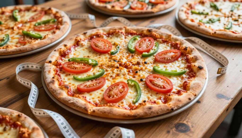 A detailed overhead view of a 40 cm pizza, perfectly circular and freshly baked, resting on a rustic wooden table. The pizza is topped with vibrant ingredients like red tomatoes, green peppers, and melted cheese, creating a colorful and inviting look. Surrounding the pizza is a measuring tape curling along its edges, with focus on the diameter. In the background, a soft focus on additional pizzas of various sizes emphasizes the concept of choice. Natural light streams in from a nearby window, casting soft shadows and highlighting the textures of the pizza and table. The atmosphere is warm and welcoming, ideal for a gathering, showcasing the importance of pizza size and surface area in serving guests.