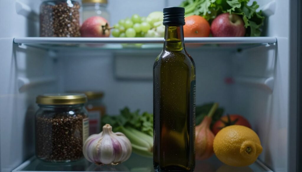 A dimly lit kitchen scene showcasing a dark glass bottle of flaxseed oil stored in a refrigerator. The foreground features the bottle prominently, with condensation glistening on its surface. The middle ground displays shelves filled with various food items, emphasizing the cool and protective environment of the fridge. The background hints at blurred images of fresh vegetables and fruits, representing freshness. Soft, diffused lighting highlights the contours of the bottle, creating a calm, serene atmosphere. The overall mood conveys the importance of maintaining stable temperature and light conditions to preserve the oil's quality. Ensure no text or additional elements distract from the main subject.