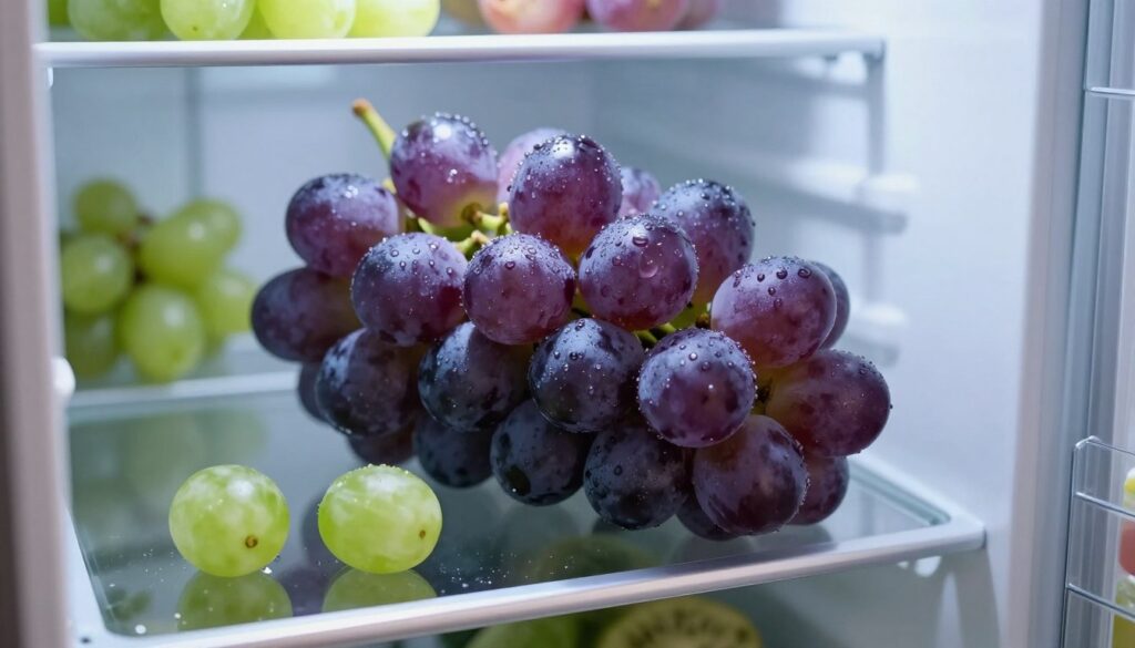 A fresh bunch of grapes, glistening with dew, nestled in an open refrigerator. The grapes should showcase a deep purple hue, complemented by scattered green ones, depicting freshness and sweetness. Surrounding them, glass shelves filled with various fresh produce in organized sections add context, hinting at a well-maintained fridge. Soft, cool lighting illuminates the scene, emphasizing the grapes' glossy surface while casting gentle shadows. The camera angle is slightly tilted downwards, creating a dynamic perspective that draws focus to the grapes. The overall mood should feel refreshing and inviting, encapsulating the idea of preserving fruit freshness through proper refrigeration.