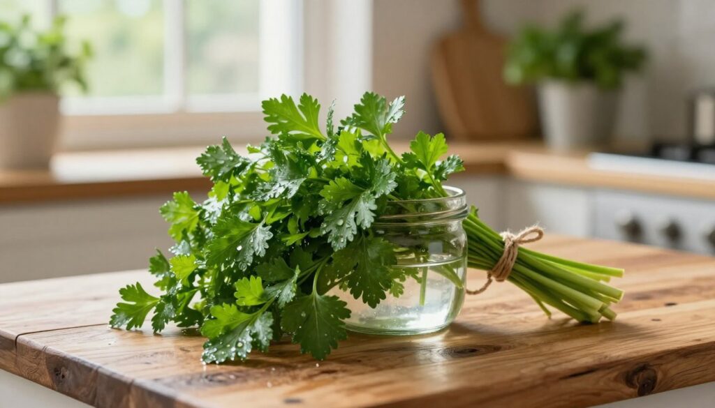 A fresh bunch of parsley, vibrant green and aromatic, resting on a rustic wooden countertop. The parsley is loosely tied with natural twine, showcasing its lush leaves glistening with tiny droplets of water, suggesting they have just been washed. In the foreground, a stylish glass jar filled with water is gently cradling the stems of the parsley, highlighting the method of short-term storage without refrigeration. The middle ground features a soft-focus background of a cozy kitchen setting with hints of sunlight streaming through a window, casting a warm glow. A few other herbs in pots are visible, adding to the homely atmosphere. The overall mood is fresh, inviting, and earthy, evoking the feeling of preserving vibrant flavors. Use soft, natural lighting to enhance the green hues and create a serene ambiance. A fresh bunch of parsley, vibrant green and aromatic, resting on a rustic wooden countertop. The parsley is loosely tied with natural twine, showcasing its lush leaves glistening with tiny droplets of water, suggesting they have just been washed. In the foreground, a stylish glass jar filled with water is gently cradling the stems of the parsley, highlighting the method of short-term storage without refrigeration. The middle ground features a soft-focus background of a cozy kitchen setting with hints of sunlight streaming through a window, casting a warm glow. A few other herbs in pots are visible, adding to the homely atmosphere. The overall mood is fresh, inviting, and earthy, evoking the feeling of preserving vibrant flavors. Use soft, natural lighting to enhance the green hues and create a serene ambiance.