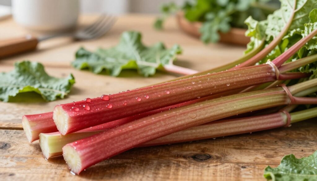 A fresh bunch of vibrant rhubarb stalks displayed prominently in the foreground, showcasing their rich, deep red and green hues, with glistening water droplets to emphasize freshness. The middle layer features a rustic wooden table surface, dotted with a few scattered rhubarb leaves, providing a natural context. In the background, softly blurred kitchen utensils and herbs hint at the preparation process, creating a warm and inviting atmosphere. The lighting is soft and diffused, suggesting morning sunlight that enhances the colors and textures of the rhubarb. The composition captures the essence of selecting and preparing fresh produce, evoking a sense of home and care. No text or overlays present, ensuring a clean, professional look. A fresh bunch of vibrant rhubarb stalks displayed prominently in the foreground, showcasing their rich, deep red and green hues, with glistening water droplets to emphasize freshness. The middle layer features a rustic wooden table surface, dotted with a few scattered rhubarb leaves, providing a natural context. In the background, softly blurred kitchen utensils and herbs hint at the preparation process, creating a warm and inviting atmosphere. The lighting is soft and diffused, suggesting morning sunlight that enhances the colors and textures of the rhubarb. The composition captures the essence of selecting and preparing fresh produce, evoking a sense of home and care. No text or overlays present, ensuring a clean, professional look.