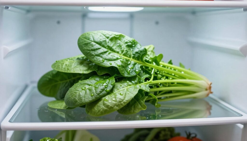 A fresh bunch of vibrant spinach leaves neatly arranged on a shelf inside a modern refrigerator. The foreground showcases the crisp green leaves, glistening with moisture, reflecting freshness. In the middle, the refrigerator shelf is clean and organized, with a few other vegetables for added context. The background is softly blurred, hinting at the refrigerator's interior with subtle lighting that emphasizes the spinach's rich color. The mood is cool and serene, evoking a sense of freshness and healthiness. The image is captured with a slight top-down angle, using natural LED lighting that enhances the greens without harsh shadows, creating an inviting atmosphere ideal for illustrating food storage tips.