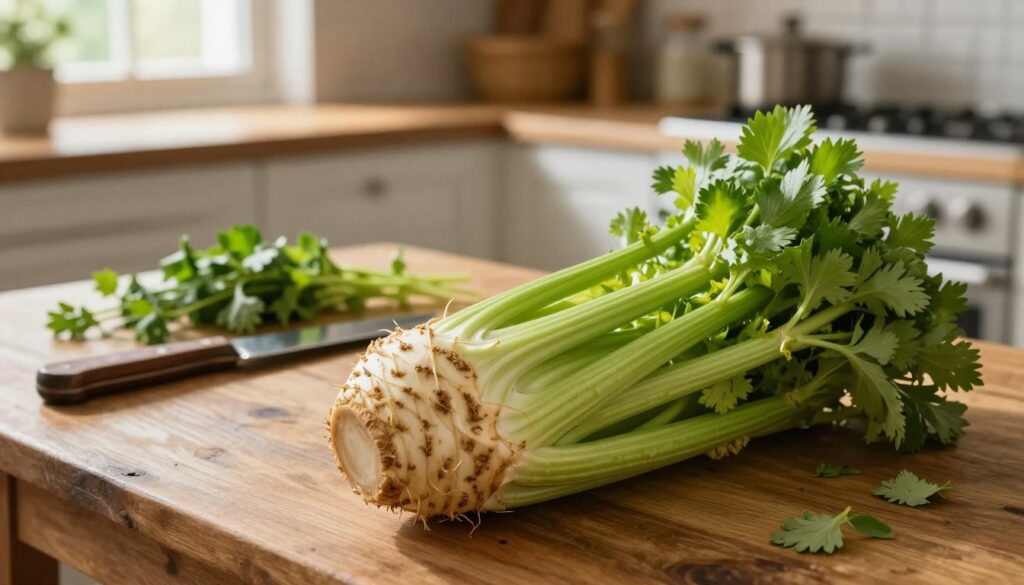 A fresh, vibrant root celery (seler korzeniowy) displayed prominently in the foreground, showcasing its crisp and textured skin, with earthy brown and green tones. In the middle ground, a rustic wooden table adorned with scattered fresh herbs and a vintage knife rests nearby, suggesting preparation or storage. The background features a cozy kitchen setting, softly lit with warm, natural light streaming through a window, highlighting the atmospheric coziness of a home environment. The composition evokes a serene and inviting atmosphere, ideal for illustrating the importance of proper storage to maintain the freshness of celery. The angle is slightly elevated, capturing the depth of the scene while keeping the focus on the celery.