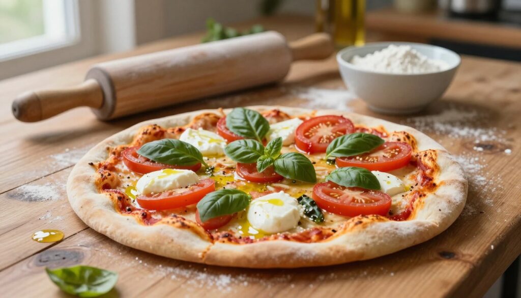 A freshly baked, delicious-looking pizza without yeast, placed on a rustic wooden table. In the foreground, the pizza is topped with vibrant tomatoes, creamy mozzarella cheese, fresh basil leaves, and a drizzle of olive oil, emphasizing its appetizing quality. In the middle ground, a rolling pin and a small bowl of flour, hinting at the quick preparation method. Soft, natural lighting coming from the left highlights the textures of the crust and the ingredients, creating a warm and inviting atmosphere. The background features blurred kitchen elements like utensils and herbs, enhancing the home-cooked feel. The entire scene is designed to evoke a sense of comfort and simplicity, perfect for anyone looking to create a quick, satisfying meal. A freshly baked, delicious-looking pizza without yeast, placed on a rustic wooden table. In the foreground, the pizza is topped with vibrant tomatoes, creamy mozzarella cheese, fresh basil leaves, and a drizzle of olive oil, emphasizing its appetizing quality. In the middle ground, a rolling pin and a small bowl of flour, hinting at the quick preparation method. Soft, natural lighting coming from the left highlights the textures of the crust and the ingredients, creating a warm and inviting atmosphere. The background features blurred kitchen elements like utensils and herbs, enhancing the home-cooked feel. The entire scene is designed to evoke a sense of comfort and simplicity, perfect for anyone looking to create a quick, satisfying meal.