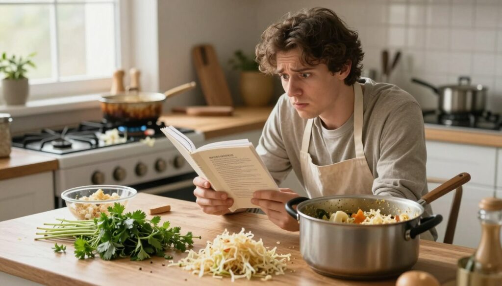 A kitchen scene showcasing common mistakes in cooking kwaśnica. In the foreground, display a cluttered countertop with spilled ingredients, such as sauerkraut and herbs, and a pot overflowing with an unappealing mixture. The middle ground features a confused cook, dressed in a simple apron and modest casual attire, looking at a recipe book with a puzzled expression. In the background, a stove with an uncleaned mess and an overcooked pot, indicating the chaos of a kitchen. Soft, natural lighting streaming in from a nearby window creates a warm, inviting atmosphere, but the mood is chaotic and humorous. The angle is slightly elevated to capture the full scene without any text or distractions.