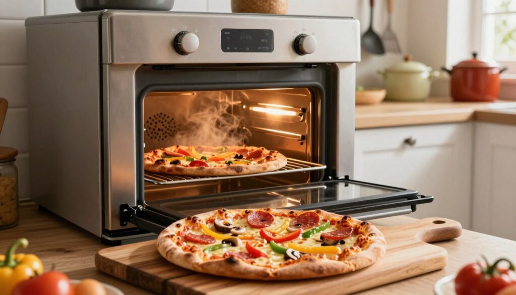 A modern kitchen scene centered around a traditional oven, radiating warmth and inviting atmosphere. In the foreground, a freshly baked pizza with golden, bubbly cheese and vibrant toppings like bell peppers, mushrooms, and pepperoni sits on a rustic wooden cutting board. The cheese glistens under soft, ambient lighting. In the middle, the oven door is slightly ajar, revealing the interior where a second pizza is being reheated, with visible steam and a hint of browning on the crust. The background features cozy kitchen elements, such as hanging utensils and colorful pots, illuminated by natural light filtering through a window. The overall mood is homey and appetizing, evoking a sense of comfort and culinary delight.