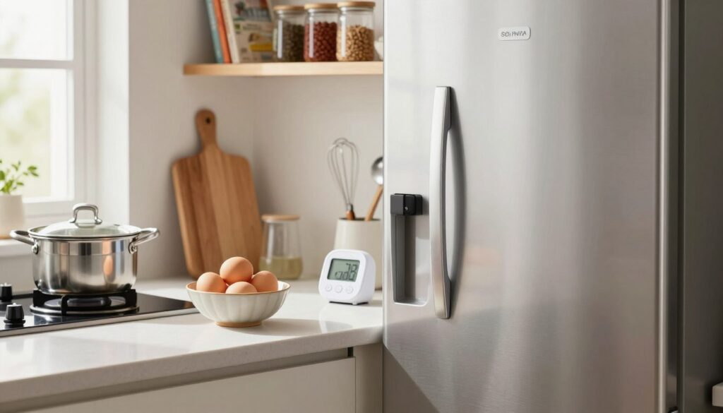 A modern kitchen scene featuring a clean, organized countertop with a stylish, sleek refrigerator (lodówka) in the foreground. The refrigerator should be stainless steel, with a shiny finish reflecting soft, natural light from a nearby window. On the countertop, there are fresh eggs in an elegant ceramic bowl, a pot of water on the stove, and a digital kitchen timer. The middle ground includes a wooden cutting board and a few utensils like a whisk and a ladle, suggesting preparation for boiling eggs. In the background, soft-focus kitchen shelves display various spices and cookbooks, adding a cozy and inviting atmosphere to the scene. The overall mood is bright, fresh, and conducive to cooking, with a warm color palette.