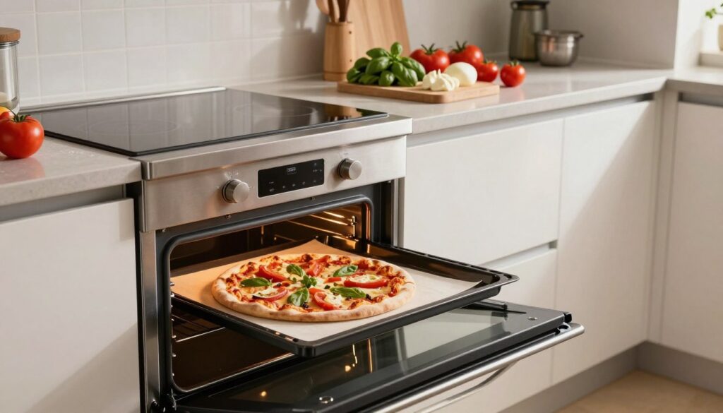 A modern kitchen scene featuring a sleek, stainless steel oven, designed for baking pizza with precision. In the foreground, a partially opened oven door reveals a perfectly baked pizza on a baking stone, its crust golden and toppings vibrant. The middle ground includes an elegant countertop adorned with fresh ingredients like tomatoes, basil, and mozzarella, showcasing the preparation process. The background displays a well-organized kitchen with minimalistic cabinetry, emphasizing a clean and efficient cooking space. Soft, warm lighting illuminates the scene, creating an inviting atmosphere. The camera angle is slightly above eye level, providing a comprehensive view of the ingredients and oven. The mood is enthusiastic and warm, reflecting the joy of baking pizza at home. A modern kitchen scene featuring a sleek, stainless steel oven, designed for baking pizza with precision. In the foreground, a partially opened oven door reveals a perfectly baked pizza on a baking stone, its crust golden and toppings vibrant. The middle ground includes an elegant countertop adorned with fresh ingredients like tomatoes, basil, and mozzarella, showcasing the preparation process. The background displays a well-organized kitchen with minimalistic cabinetry, emphasizing a clean and efficient cooking space. Soft, warm lighting illuminates the scene, creating an inviting atmosphere. The camera angle is slightly above eye level, providing a comprehensive view of the ingredients and oven. The mood is enthusiastic and warm, reflecting the joy of baking pizza at home.