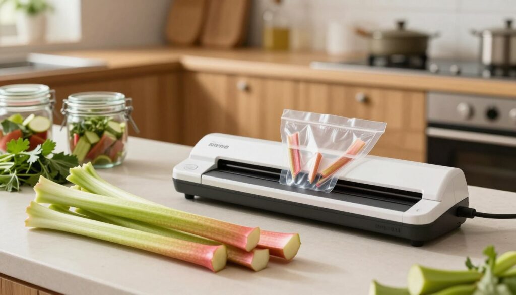 A modern kitchen scene featuring a vacuum sealing process for preserving rhubarb. In the foreground, a sleek vacuum sealer is positioned next to neatly cut pieces of vibrant green and pink rhubarb, showcasing their freshness. In the middle ground, a kitchen countertop adorned with glass jars and fresh herbs hints at seasonal storage. The background includes a cozy kitchen ambiance with natural wood cabinetry and soft, warm lighting creating a welcoming atmosphere. The angle captures the action of vacuum sealing, emphasizing the preservation method. The mood is inviting and homely, ideal for a culinary article, highlighting the importance of flavor retention throughout the year. A modern kitchen scene featuring a vacuum sealing process for preserving rhubarb. In the foreground, a sleek vacuum sealer is positioned next to neatly cut pieces of vibrant green and pink rhubarb, showcasing their freshness. In the middle ground, a kitchen countertop adorned with glass jars and fresh herbs hints at seasonal storage. The background includes a cozy kitchen ambiance with natural wood cabinetry and soft, warm lighting creating a welcoming atmosphere. The angle captures the action of vacuum sealing, emphasizing the preservation method. The mood is inviting and homely, ideal for a culinary article, highlighting the importance of flavor retention throughout the year.