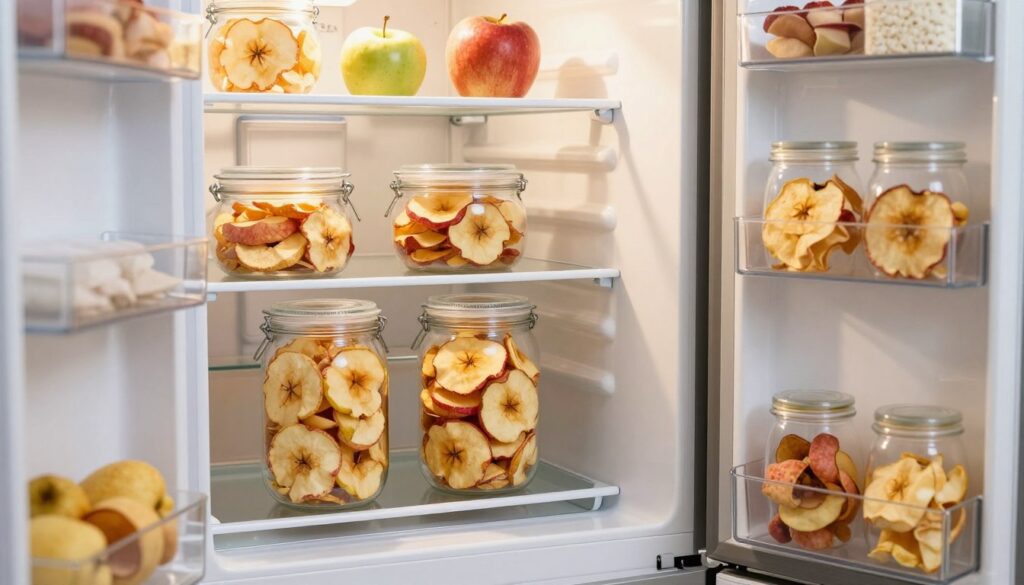 A modern, well-stocked refrigerator with an open door, showcasing neatly arranged containers of dried apples in clear jars, emphasizing their vibrant color and texture. In the foreground, focus on the jars filled with slices of dried apples, highlighting their natural appeal with soft, warm lighting that enhances the golden hues of the fruit. The middle ground features the refrigerator's shelves, displaying other healthy snacks and ingredients that convey a sense of organized freshness. In the background, a cozy kitchen ambiance with soft natural light filtering through a nearby window casts gentle shadows, creating an inviting and serene atmosphere. The overall mood should evoke a feeling of health and preservation, aligning perfectly with the topic of storing dried apples effectively.