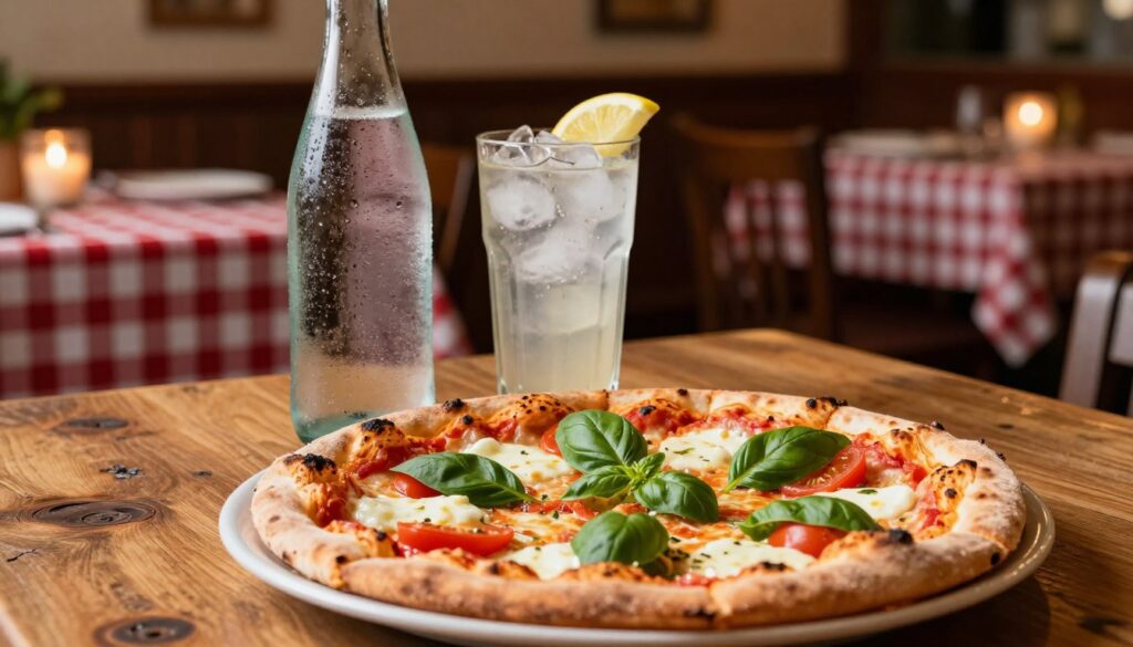 A mouthwatering pizza topped with vibrant ingredients like fresh basil, juicy tomatoes, and melted mozzarella sits in the foreground, beautifully arranged on a rustic wooden table. Beside the pizza, a chilled bottle of sparkling water is elegantly presented with condensation glistening on its surface, alongside a tall glass filled with ice and a slice of lemon. In the middle ground, soft, warm light highlights the textures of the pizza and the drink, creating an inviting atmosphere. The background features a cozy Italian restaurant setting with subtle hints of décor, like a checkered tablecloth and softly glowing candles, enhancing the overall ambiance. The scene evokes a delightful dining experience in Italy, with an emphasis on enjoying pizza and a refreshing beverage together.