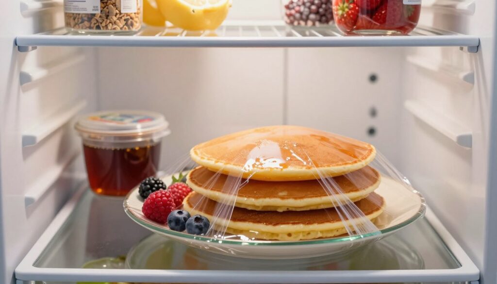 A neatly arranged refrigerator interior showcasing stacked, colorful pancakes on a glass plate, wrapped gently in clear plastic wrap to maintain moisture. The foreground features a close-up view of the pancakes, glistening with a light sheen, emphasizing their softness. In the middle, fresh berries and a small container of syrup are placed, adding a vibrant touch. The background includes neatly organized shelves with various food items, soft, diffused lighting illuminating the scene, creating an inviting and warm atmosphere. The angle of the shot is slightly overhead, capturing both the pancakes and the surrounding refrigerator contents. The mood is cozy and practical, highlighting the idea of storing pancakes effectively. A neatly arranged refrigerator interior showcasing stacked, colorful pancakes on a glass plate, wrapped gently in clear plastic wrap to maintain moisture. The foreground features a close-up view of the pancakes, glistening with a light sheen, emphasizing their softness. In the middle, fresh berries and a small container of syrup are placed, adding a vibrant touch. The background includes neatly organized shelves with various food items, soft, diffused lighting illuminating the scene, creating an inviting and warm atmosphere. The angle of the shot is slightly overhead, capturing both the pancakes and the surrounding refrigerator contents. The mood is cozy and practical, highlighting the idea of storing pancakes effectively.
