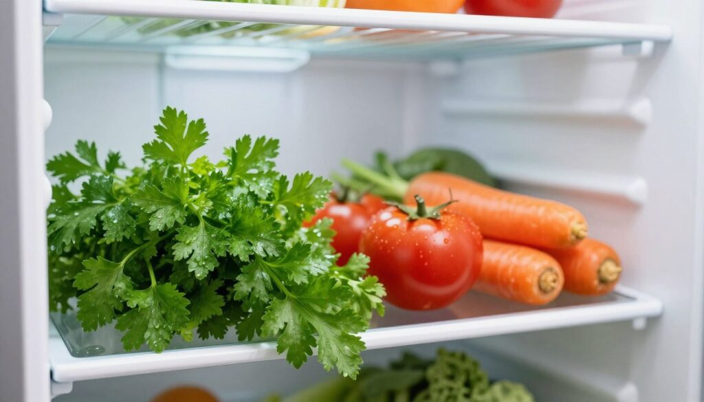 A neatly organized refrigerator interior showcasing fresh parsley prominently in the foreground. The parsley appears vibrant and crisp, with lush green leaves and visible water droplets to convey freshness. In the middle space, various colorful vegetables, like bright red tomatoes and orange carrots, are arranged methodically, enhancing the organized aesthetic. The background reveals the fridge's shelves, subtly lit with soft, natural lighting to create a clean and inviting atmosphere. The angle captures a slightly tilted view, emphasizing the depth of the refrigerator's interior. The overall mood is fresh, revitalizing, and appetizing, ideal for depicting effective food storage practices. A neatly organized refrigerator interior showcasing fresh parsley prominently in the foreground. The parsley appears vibrant and crisp, with lush green leaves and visible water droplets to convey freshness. In the middle space, various colorful vegetables, like bright red tomatoes and orange carrots, are arranged methodically, enhancing the organized aesthetic. The background reveals the fridge's shelves, subtly lit with soft, natural lighting to create a clean and inviting atmosphere. The angle captures a slightly tilted view, emphasizing the depth of the refrigerator's interior. The overall mood is fresh, revitalizing, and appetizing, ideal for depicting effective food storage practices.
