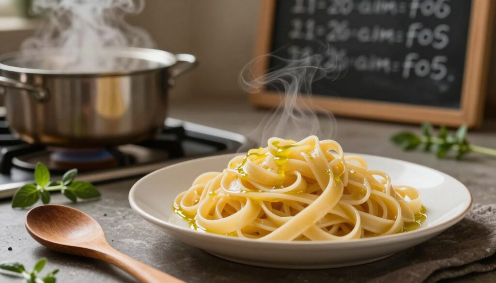 A perfectly cooked plate of al dente pasta, showcasing its slightly firm texture, glistening with a light drizzle of olive oil. In the foreground, a wooden spoon rests beside the plate, hinting at recent culinary activity. In the middle, a rustic kitchen setting is visible, with a pot gently bubbling on the stove, steam rising in soft waves, and a fresh herb sprig scattered gracefully around. The background features a chalkboard with handwritten cooking times for various pasta shapes, dimly lit to emphasize the cooking environment. Warm, soft lighting bathes the scene, creating a cozy and inviting atmosphere reminiscent of home cooking. The composition should be shot from a slightly elevated angle, focusing on the plate while subtly capturing the essence of the kitchen. A perfectly cooked plate of al dente pasta, showcasing its slightly firm texture, glistening with a light drizzle of olive oil. In the foreground, a wooden spoon rests beside the plate, hinting at recent culinary activity. In the middle, a rustic kitchen setting is visible, with a pot gently bubbling on the stove, steam rising in soft waves, and a fresh herb sprig scattered gracefully around. The background features a chalkboard with handwritten cooking times for various pasta shapes, dimly lit to emphasize the cooking environment. Warm, soft lighting bathes the scene, creating a cozy and inviting atmosphere reminiscent of home cooking. The composition should be shot from a slightly elevated angle, focusing on the plate while subtly capturing the essence of the kitchen.
