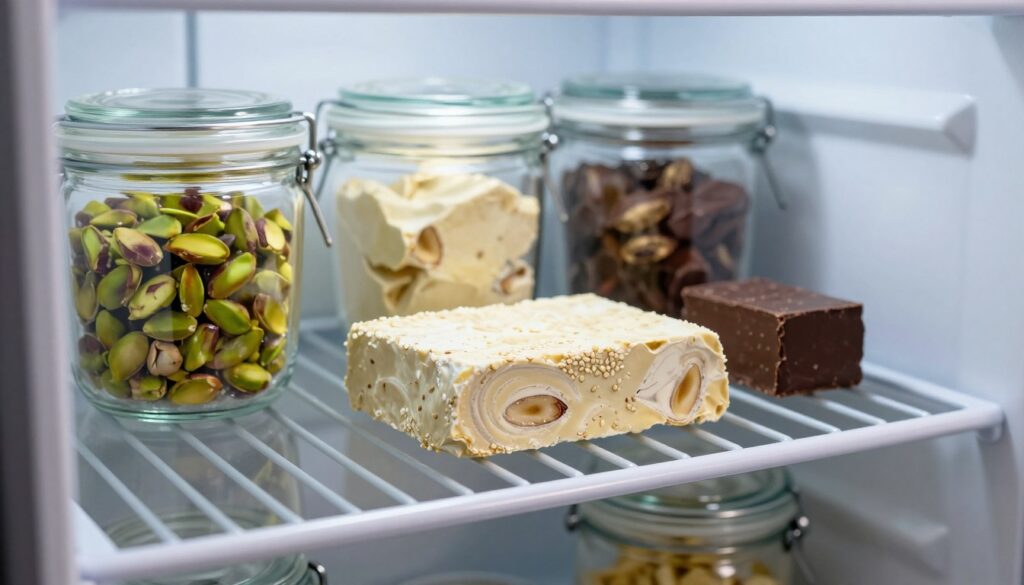 A pristine, open refrigerator showcasing a beautifully arranged shelf dedicated to halva. The foreground features a close-up of a partially unwrapped piece of halva, its texture rich and inviting, with subtle swirls of sesame seeds and nut inclusions. The middle layer reveals glass containers with airtight seals filled with various flavors of halva, such as pistachio and chocolate. In the background, soft ambient lighting accentuates the cool tones of the refrigerator interior, creating a calm and refreshing atmosphere. A focus on organization highlights how to store halva properly, while the overall scene conveys a sense of care and attention to preserving food quality. The angle is slightly tilted for a dynamic view, and there are no text elements or distracting objects.