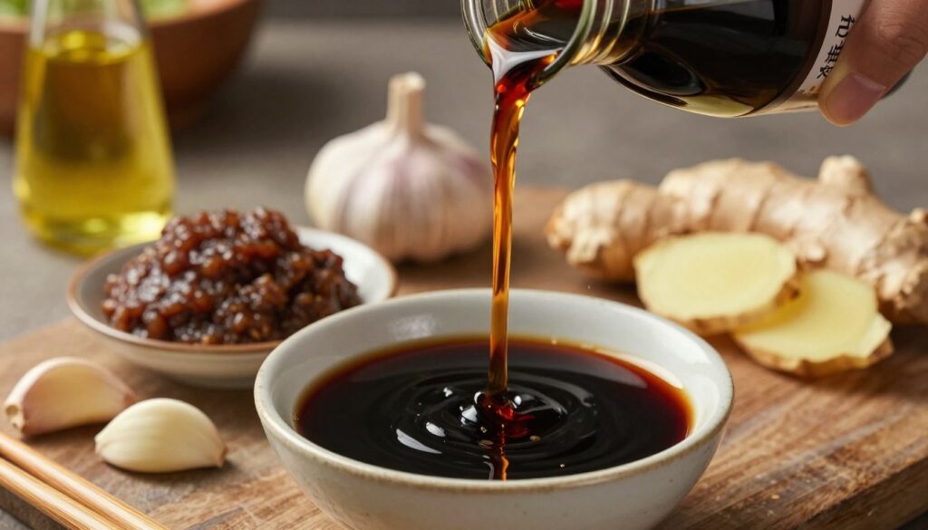 A richly detailed scene centered on a bowl of dark, glossy soy sauce, highlighting its rich umami color and texture. In the foreground, the soy sauce elegantly poured into a small, traditional ceramic dish, with light glimmering off its surface. The middle ground features ingredients like a generous dollop of miso, fresh garlic cloves, sliced ginger, and a small bottle of sesame oil, artfully arranged around the bowl. The background showcases a softly blurred kitchen setting, with warm, inviting lighting that enhances the overall mood of preparation and authenticity. The composition invites tranquility and culinary passion, emphasizing the richness of flavors that embody a high-quality dining experience. The camera angle is slightly elevated, giving a bird's-eye view of the ingredients while maintaining focus on the soy sauce.