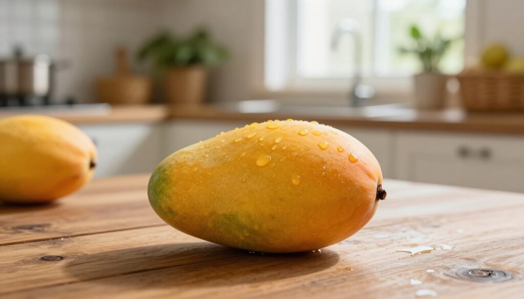 A ripe mango, showcasing its vibrant golden-yellow skin with hints of deep orange, sits on a rustic wooden table. The foreground features the mango with a soft, natural sheen, highlighting droplets of water, as if freshly washed. In the middle, a blurred view of a cozy kitchen setting is visible, with green plants and wicker baskets contrasting against warm wooden tones. The background is softly illuminated, with daylight streaming through a nearby window, creating a warm and inviting atmosphere. The angle is slightly above the mango, giving it prominence, while subtle shadows enhance its shape. Overall mood: serene and homely, emphasizing the importance of proper storage for maintaining freshness and flavor.