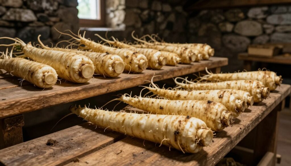 A rustic dimly lit cellar showcasing a rich harvest of parsley roots (korzeń pietruszki) neatly arranged on wooden shelves. In the foreground, focus on several thick, healthy parsley roots, their white skin slightly speckled with dirt, highlighting their freshness and firmness. The middle ground features wooden crates filled with more roots, casting soft shadows on the shelves. A backdrop of stone walls and a faint glimpse of damp earth enhances the cool, earthy atmosphere of the cellar, with small rays of light filtering through a narrow window, creating a warm, inviting glow. Capture the essence of freshness and proper storage conditions, evoking a sense of natural preservation. A rustic dimly lit cellar showcasing a rich harvest of parsley roots (korzeń pietruszki) neatly arranged on wooden shelves. In the foreground, focus on several thick, healthy parsley roots, their white skin slightly speckled with dirt, highlighting their freshness and firmness. The middle ground features wooden crates filled with more roots, casting soft shadows on the shelves. A backdrop of stone walls and a faint glimpse of damp earth enhances the cool, earthy atmosphere of the cellar, with small rays of light filtering through a narrow window, creating a warm, inviting glow. Capture the essence of freshness and proper storage conditions, evoking a sense of natural preservation.