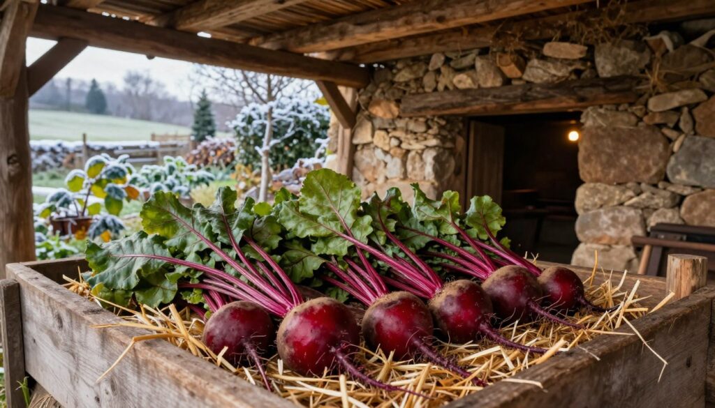 A rustic, earthy scene depicting the traditional method of storing beets for winter. In the foreground, a wooden cellar filled with freshly harvested, vibrant red beets, their greens still attached, all arranged neatly among layers of straw. The middle ground features an open earthen root cellar with a stone entrance and wooden beams supporting the ceiling, illuminated by soft, warm, natural light filtering through a small opening. In the background, a serene garden landscape with frost-tipped leaves and a distant snow-covered field, conveying the chill of winter approaching. The atmosphere is serene and inviting, showcasing the warmth of a farmer's home in contrast to the cold outside, encapsulating the essence of preserving produce for the season.