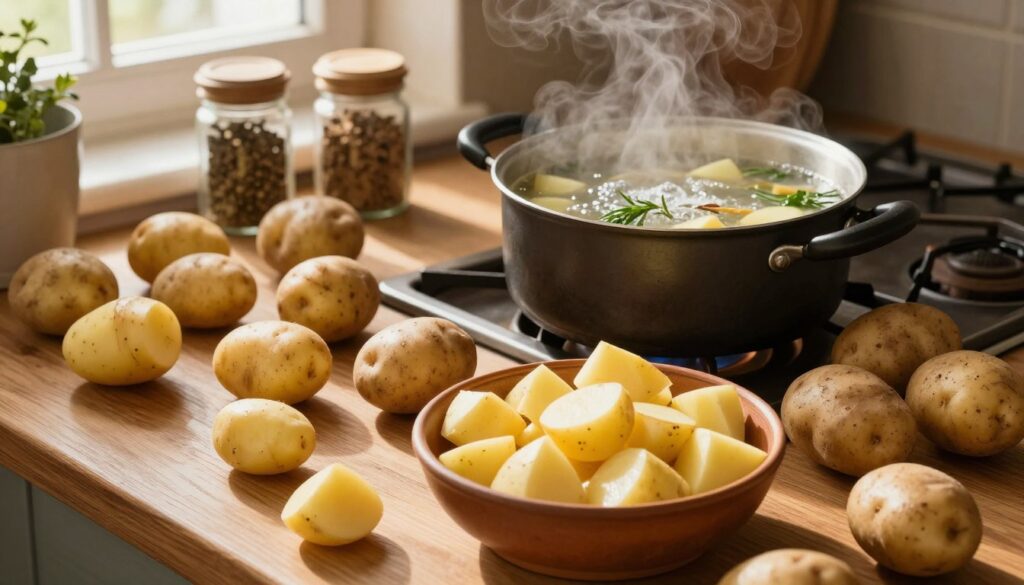A rustic kitchen scene featuring a wooden table laden with freshly harvested potatoes, showcasing a variety of sizes and textures, from small golden ones to larger earthy brown varieties. The foreground highlights a rustic bowl filled with diced potatoes, ready for cooking. In the middle, a pot of bubbling kwaśnica sits on the stove, with steam rising and herbs visible in the broth. The background includes spice jars and a window letting in warm, golden light, casting soft shadows across the scene. The mood is cozy and inviting, evoking the warmth of home cooking. Capture this scene with a slight overhead angle to encompass the entire setting, focusing on the vibrant colors and textures.