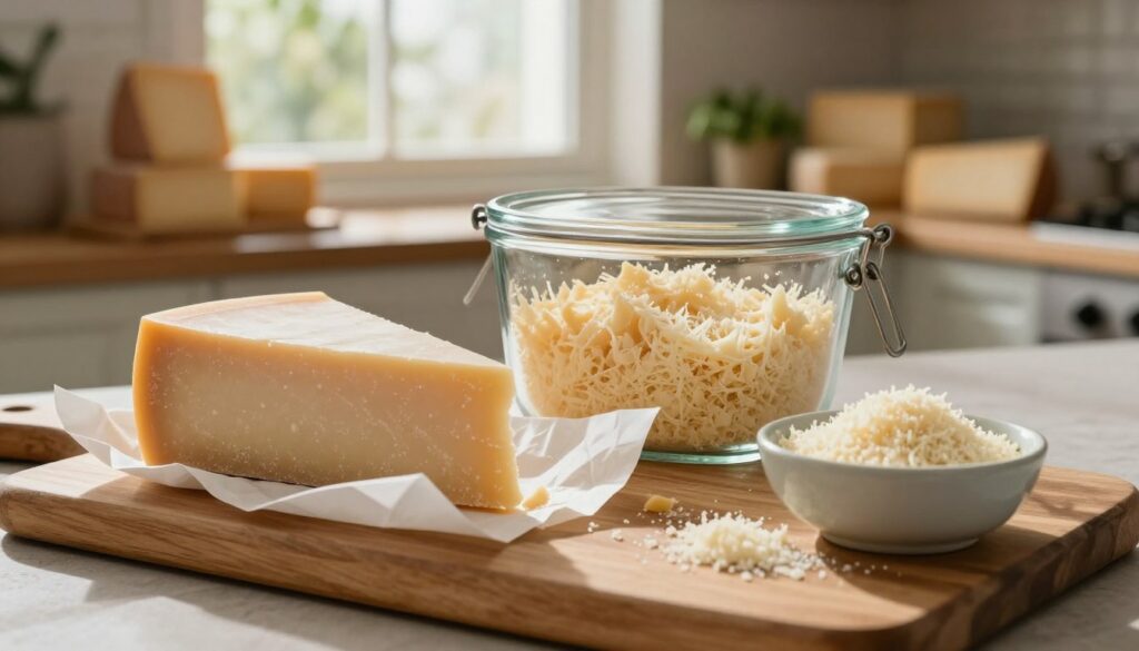 A rustic kitchen scene illustrating parmesan cheese storage methods. In the foreground, a large, uncut block of parmesan is carefully wrapped in breathable cheese paper, set on a wooden cutting board. Nearby, a small bowl filled with freshly grated parmesan showcases the difference in texture. In the middle, a stylish glass container holds the grated cheese, emphasizing its preservation. Soft, natural light filters through a window, casting gentle shadows and creating a warm, inviting atmosphere. In the background, shelves lined with assorted cheeses and herbs add depth. The composition emphasizes the importance of proper storage techniques, enhancing the visual contrast between the whole and grated cheese. The mood is comforting and homey, highlighting culinary dedication. A rustic kitchen scene illustrating parmesan cheese storage methods. In the foreground, a large, uncut block of parmesan is carefully wrapped in breathable cheese paper, set on a wooden cutting board. Nearby, a small bowl filled with freshly grated parmesan showcases the difference in texture. In the middle, a stylish glass container holds the grated cheese, emphasizing its preservation. Soft, natural light filters through a window, casting gentle shadows and creating a warm, inviting atmosphere. In the background, shelves lined with assorted cheeses and herbs add depth. The composition emphasizes the importance of proper storage techniques, enhancing the visual contrast between the whole and grated cheese. The mood is comforting and homey, highlighting culinary dedication.