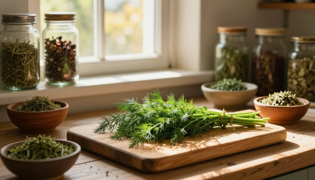 A rustic kitchen scene illustrating the process of drying dill (koperku). In the foreground, a wooden cutting board with fresh, vibrant green dill sprigs. Scattered around are small, earthy bowls filled with dried dill, showcasing the contrast between fresh and dried herbs. The middle layer features a simple, open window with sunlight streaming in, casting warm, golden rays across the scene, enhancing the texture of the herbs. In the background, shelves lined with glass jars filled with various dried herbs and spices, adding depth. The overall mood is warm and inviting, conveying a sense of home and traditional cooking practices, perfect for a cozy kitchen ambiance. Soft focus on the background to emphasize the dill in the foreground. A rustic kitchen scene illustrating the process of drying dill (koperku). In the foreground, a wooden cutting board with fresh, vibrant green dill sprigs. Scattered around are small, earthy bowls filled with dried dill, showcasing the contrast between fresh and dried herbs. The middle layer features a simple, open window with sunlight streaming in, casting warm, golden rays across the scene, enhancing the texture of the herbs. In the background, shelves lined with glass jars filled with various dried herbs and spices, adding depth. The overall mood is warm and inviting, conveying a sense of home and traditional cooking practices, perfect for a cozy kitchen ambiance. Soft focus on the background to emphasize the dill in the foreground.