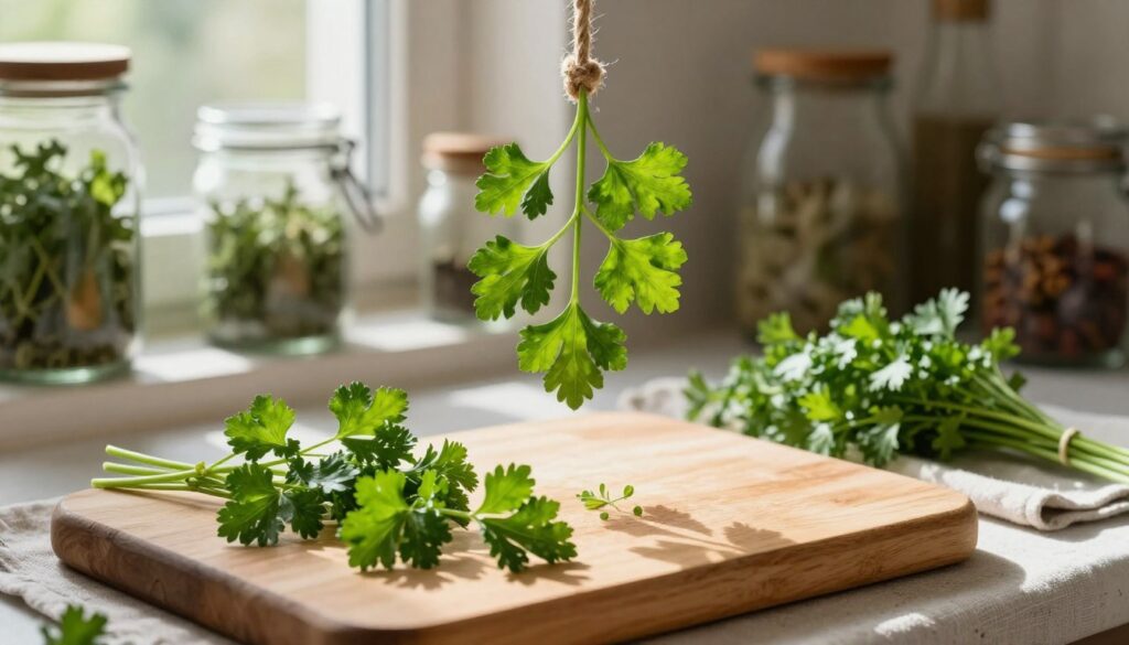 A rustic kitchen scene showcasing the drying process of parsley. In the foreground, a wooden cutting board holds freshly washed sprigs of vibrant green parsley, with some leaves neatly arranged on a simple kitchen cloth. In the middle, a small bunch of parsley hangs from a rope under a gentle sunlight streaming through a window, casting soft shadows and highlighting the fine texture of the leaves. The background features an assortment of glass jars filled with herbs and spices, blurring slightly to focus on the parsley. The atmosphere is warm and inviting, conveying a sense of freshness and home-cooking. Use soft, natural lighting to enhance the organic feel, with a shallow depth of field to emphasize the parsley in the foreground. A rustic kitchen scene showcasing the drying process of parsley. In the foreground, a wooden cutting board holds freshly washed sprigs of vibrant green parsley, with some leaves neatly arranged on a simple kitchen cloth. In the middle, a small bunch of parsley hangs from a rope under a gentle sunlight streaming through a window, casting soft shadows and highlighting the fine texture of the leaves. The background features an assortment of glass jars filled with herbs and spices, blurring slightly to focus on the parsley. The atmosphere is warm and inviting, conveying a sense of freshness and home-cooking. Use soft, natural lighting to enhance the organic feel, with a shallow depth of field to emphasize the parsley in the foreground.