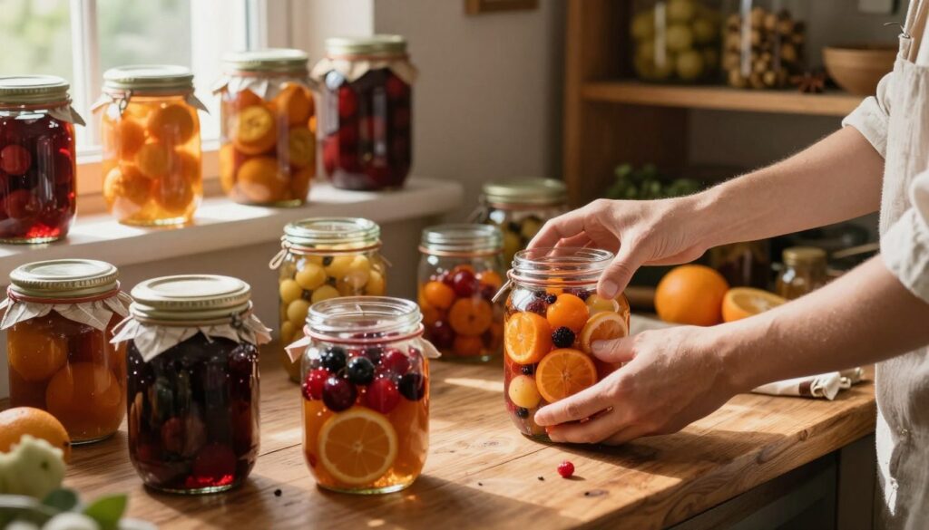 A rustic kitchen setting, featuring a wooden table adorned with jars of preserved fruits, glistening in their syrup, capturing the rich colors and textures of colorful berries, cherries, and citrus. In the foreground, show hands carefully transferring these fruits into glass containers, emphasizing the meticulous process of storage. The middle ground includes shelves lined with more jars, showcasing various fruits, with sunlight filtering through a nearby window, casting soft, warm light across the scene. In the background, hints of herbs and spices can be seen, enhancing the atmosphere of a traditional preserving process. The mood is cozy and inviting, evoking a sense of nostalgia and care in food preservation. A rustic kitchen setting, featuring a wooden table adorned with jars of preserved fruits, glistening in their syrup, capturing the rich colors and textures of colorful berries, cherries, and citrus. In the foreground, show hands carefully transferring these fruits into glass containers, emphasizing the meticulous process of storage. The middle ground includes shelves lined with more jars, showcasing various fruits, with sunlight filtering through a nearby window, casting soft, warm light across the scene. In the background, hints of herbs and spices can be seen, enhancing the atmosphere of a traditional preserving process. The mood is cozy and inviting, evoking a sense of nostalgia and care in food preservation.