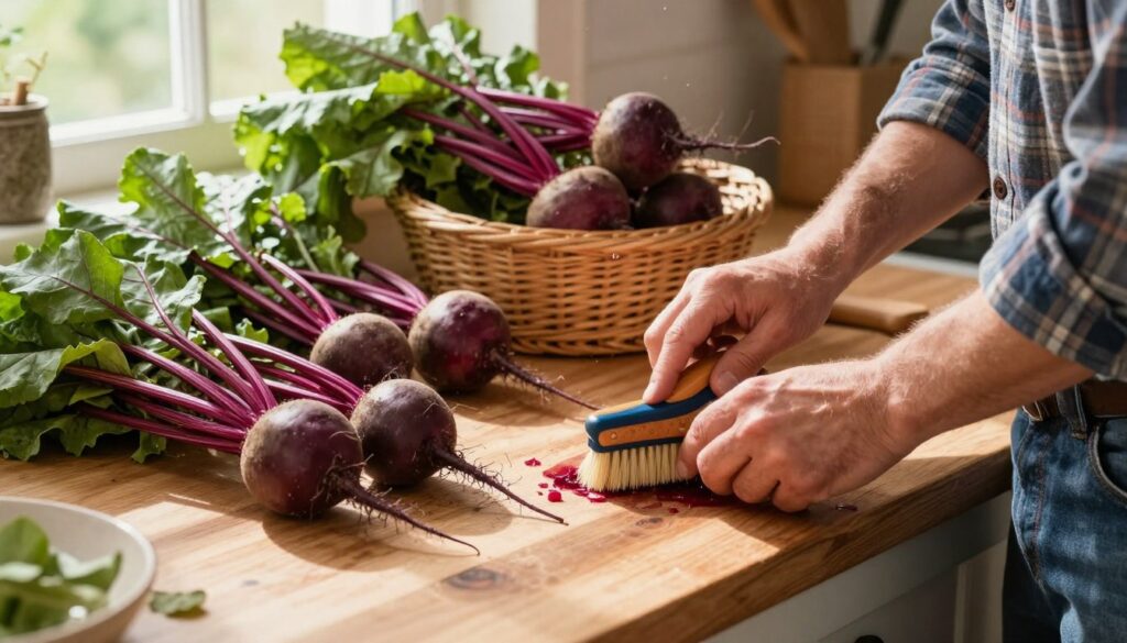 A rustic kitchen setting with a wooden countertop, displaying freshly harvested beets in various sizes and hues of deep purple and earthy red. In the foreground, a farmer, wearing a plaid shirt and jeans, is carefully cleaning the beets with a brush, showcasing his attention to detail. The middle layer features an assortment of beetroots, some still with their vibrant green tops, while others are neatly piled in a wicker basket. The background hints at a sunny window with warm, natural light streaming in, casting soft shadows across the scene, creating an inviting and homey atmosphere. The overall mood evokes a sense of care and tradition in food preservation.