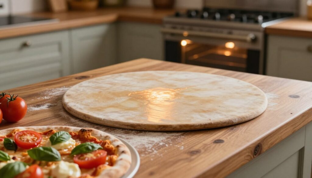 A rustic wooden kitchen countertop with a pizza stone at the center, slightly heated and emanating warmth. The stone's surface shows subtle reflections of light, hinting at the perfect cooking temperature. In the foreground, a partially assembled pizza with vibrant toppings like ripe tomatoes, fresh basil, and gooey mozzarella lies ready to place on the stone. In the background, a cozy oven with a warm glow, casting a soft light across the scene, enhances the inviting atmosphere. The kitchen is softly illuminated, with a harmonious blend of natural and ambient lighting that creates a serene, mouth-watering mood, provoking the viewer's appetite for perfectly baked pizza. A rustic wooden kitchen countertop with a pizza stone at the center, slightly heated and emanating warmth. The stone's surface shows subtle reflections of light, hinting at the perfect cooking temperature. In the foreground, a partially assembled pizza with vibrant toppings like ripe tomatoes, fresh basil, and gooey mozzarella lies ready to place on the stone. In the background, a cozy oven with a warm glow, casting a soft light across the scene, enhances the inviting atmosphere. The kitchen is softly illuminated, with a harmonious blend of natural and ambient lighting that creates a serene, mouth-watering mood, provoking the viewer's appetite for perfectly baked pizza.