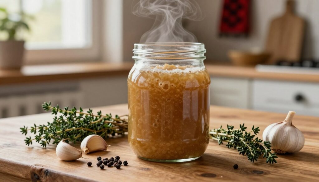 A rustic wooden kitchen table, featuring a large glass jar filled with thick, bubbling zakwas żurek, surrounded by vibrant ingredients. In the foreground, fresh garlic cloves, a handful of peppercorns, and a carefully placed sprig of thyme add texture. The middle ground showcases the liquid zakwas, rich in color with a cloudy appearance, emanating steam to suggest warmth and sourness. In the background, soft, warm lighting filters through a window, casting gentle shadows on the walls adorned with traditional Polish decor. The scene conveys a cozy, inviting atmosphere, perfect for illustrating the art of crafting this flavorful sour rye starter. A rustic wooden kitchen table, featuring a large glass jar filled with thick, bubbling zakwas żurek, surrounded by vibrant ingredients. In the foreground, fresh garlic cloves, a handful of peppercorns, and a carefully placed sprig of thyme add texture. The middle ground showcases the liquid zakwas, rich in color with a cloudy appearance, emanating steam to suggest warmth and sourness. In the background, soft, warm lighting filters through a window, casting gentle shadows on the walls adorned with traditional Polish decor. The scene conveys a cozy, inviting atmosphere, perfect for illustrating the art of crafting this flavorful sour rye starter.