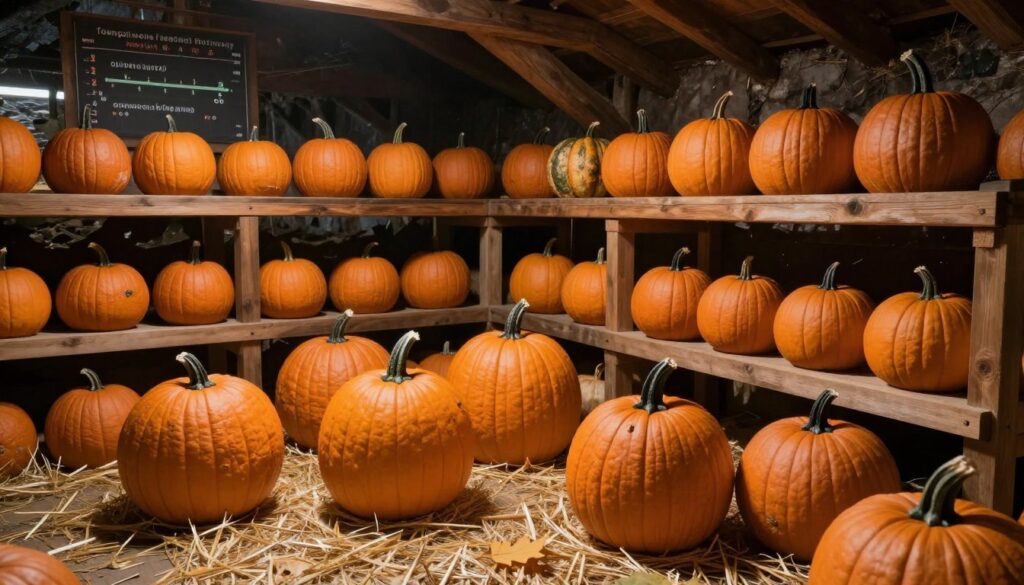 A rustic wooden storage area filled with freshly harvested pumpkins, showcasing their vibrant orange hues. In the foreground, several pumpkins are artistically arranged on straw bedding, emphasizing their textures and shapes. The middle ground features shelves lined with pumpkins, highlighting spacing for optimal ventilation. The background reveals a glimpse of a cool, dark cellar with wooden beams and soft, diffused light filtering in, creating a peaceful and calming atmosphere. The temperature chart showing an optimal range for pumpkin storage and indications of humidity levels subtly integrated into the background, without any text. The overall mood reflects a serene, autumnal vibe, emphasizing natural colors and the importance of temperature and humidity in preserving pumpkins for winter.