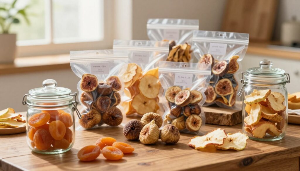 A rustic wooden table filled with an assortment of neatly organized dried fruits including apricots, figs, and apple slices. In the foreground, a glass jar with a tightly sealed lid to demonstrate proper storage. The middle layer showcases well-labeled vacuum-sealed bags containing different fruit varieties, emphasizing segregation for freshness. A soft-focus background features warm, natural light filtering through a window, casting gentle shadows that create a cozy atmosphere. The scene should evoke a sense of care and organization, reflecting efficient storage methods. Use a shallow depth of field to highlight the texture of the dried fruits and the craftsmanship of the storage solutions, capturing the essence of preserving food while ensuring longevity.