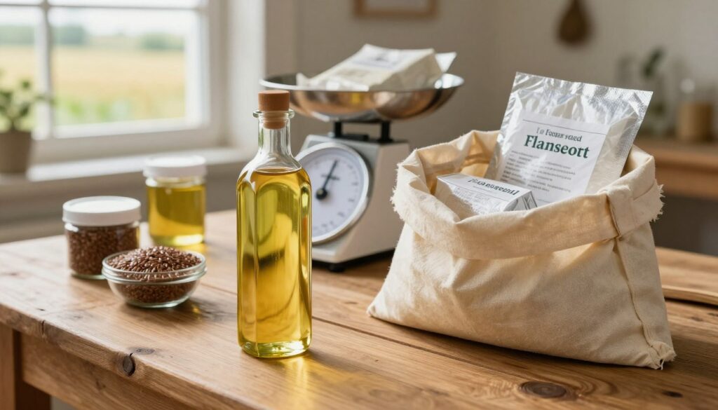 A rustic wooden table laid out with various containers of flaxseed oil, showcasing the importance of safe transport. In the foreground, a clear glass bottle filled with golden flaxseed oil catches the light, illuminating its richness. Nearby, a canvas bag filled with protective packing materials suggests preparedness for transporting the oil safely. The middle ground features a small scale to weigh packages, emphasizing careful handling. In the background, a blurred farm landscape enhances the feeling of naturalness and organic origins. Soft, natural lighting from a nearby window bathes the scene, creating a warm, inviting atmosphere. The mood is one of care and professionalism, with the focus on the importance of preserving flaxseed oil's quality during transportation.