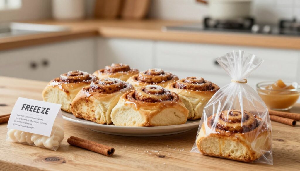 A serene kitchen scene featuring a beautifully arranged plate of cinnamon rolls, freshly baked and placed on a rustic wooden surface. The rolls are glistening with a light sugar glaze, showcasing their soft, fluffy texture. In the foreground, a clear bag labeled for freezing contains a couple of cinnamon rolls, symbolizing the freezing process without losing flavor or texture. The background includes a softly blurred kitchen setting with warm lighting, enhancing the coziness and inviting atmosphere of baking. A few cinnamon sticks and a small bowl of icing can be seen, adding an aromatic touch. The overall mood is homely and comforting, ideally capturing the essence of preserving the deliciousness of cinnamon rolls through freezing.