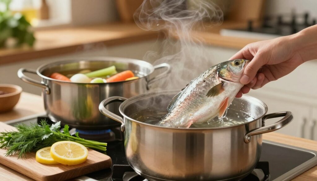 A serene kitchen scene featuring a fresh fish being gently submerged in a pot of boiling water, steam rising. In the foreground, a stainless steel pot gleams under warm, natural lighting, showcasing the fish glistening in the water. Fresh herbs, such as dill and parsley, and slices of lemon rest on a wooden cutting board nearby, adding pops of color. In the middle ground, a pot of vegetable broth simmers on the stove, with vibrant vegetables like carrots, celery, and onions visible. The background displays a cozy kitchen atmosphere, with soft lighting accentuating wooden cabinets and utensils. The overall mood is inviting and warm, emphasizing the careful preparation of delicately cooked fish. Use a soft focus for a homey feel, with a slight depth of field effect. A serene kitchen scene featuring a fresh fish being gently submerged in a pot of boiling water, steam rising. In the foreground, a stainless steel pot gleams under warm, natural lighting, showcasing the fish glistening in the water. Fresh herbs, such as dill and parsley, and slices of lemon rest on a wooden cutting board nearby, adding pops of color. In the middle ground, a pot of vegetable broth simmers on the stove, with vibrant vegetables like carrots, celery, and onions visible. The background displays a cozy kitchen atmosphere, with soft lighting accentuating wooden cabinets and utensils. The overall mood is inviting and warm, emphasizing the careful preparation of delicately cooked fish. Use a soft focus for a homey feel, with a slight depth of field effect.