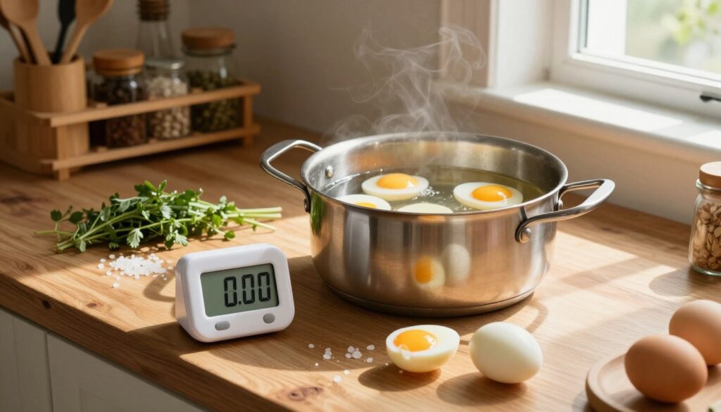 A serene kitchen setting featuring a cooking space with a classic stainless steel pot filled with gently boiling water, some perfectly arranged soft-boiled eggs in varying sizes awaiting their cooking time. In the foreground, a digital timer displays the countdown, hinting at the precise cooking needed for perfect runny yolks. The light is warm, streaming through a nearby window, casting soft shadows and highlighting the textures of the kitchen surfaces. Fresh herbs and sea salt are subtly placed on a rustic wooden kitchen counter, enhancing the appetizing atmosphere. The background includes shelves lined with neatly organized cooking utensils and spices, creating a welcoming and homey vibe. The angle captures the scene from a slightly elevated perspective, inviting viewers to learn about the cooking process.