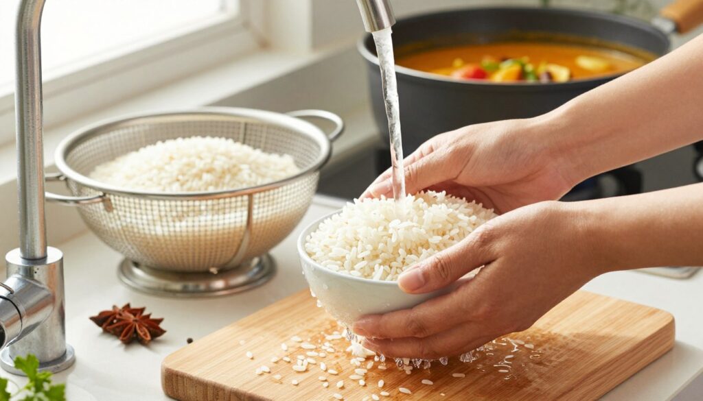 A serene kitchen setting, showcasing the meticulous preparation of rice before cooking with curry. In the foreground, a wooden cutting board holds a bowl of rinsed basmati rice being gently washed under a stream of clear water from a stylish faucet, highlighting the grains' texture. The middle area features a colander filled with drained rice, reflecting soft natural light from a nearby window, creating a warm, inviting atmosphere. In the background, neatly arranged spices and a pot ready for cooking curry add context, enhancing the culinary theme. The overall mood is one of calm and focus, capturing the essence of good cooking habits. The scene is bright and vibrant, emphasizing freshness and simplicity, with an angle that draws the viewer into the process.