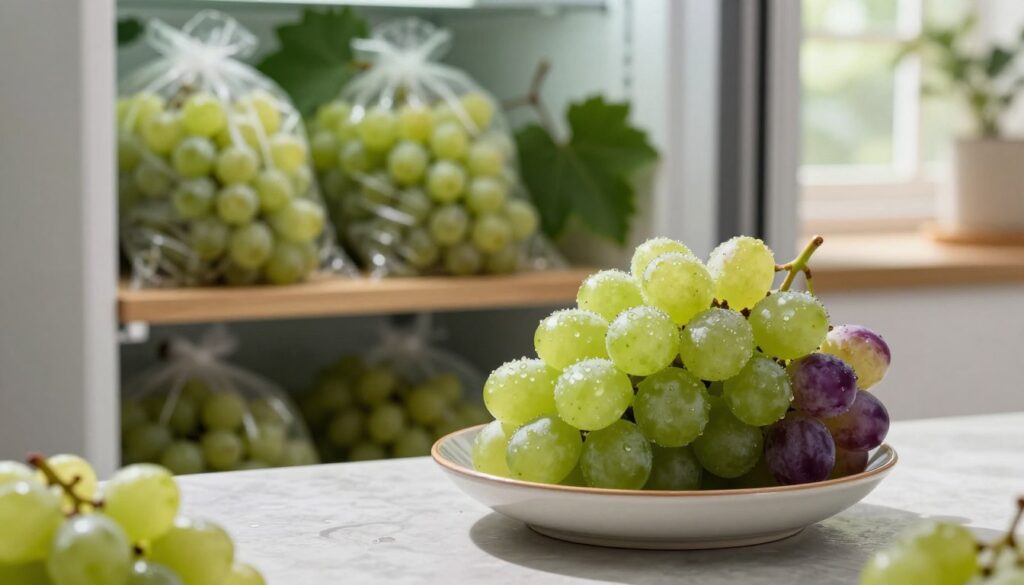 A serene kitchen setting that highlights the ideal conditions for storing fresh grapes to maintain their firmness and sweetness. In the foreground, a beautifully arranged bowl of plump, green and purple grapes glistens with dew drops, reflecting natural light. The middle section features a cool storage area, with a wooden shelf displaying grapes in breathable bags, surrounded by green leaves. In the background, a gentle light filters through a window, casting soft shadows, and accentuating the freshness of the scene. The atmosphere is calm and inviting, evoking the essence of freshness and storage best practices, with an emphasis on the importance of a cool, dark environment for preserving grapes.