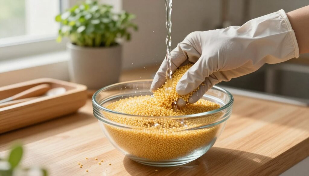A serene kitchen setting with a focus on the process of rinsing millet before cooking. In the foreground, a clear glass bowl filled with raw millet is placed atop a wooden countertop, with water cascading over the grains, highlighting the texture and natural color of the millet. A hand, wearing a modest kitchen glove, gently stirs the grains. In the middle background, there are neatly arranged kitchen utensils, and a potted herb plant adds a touch of greenery. Soft, diffused sunlight streams in from a nearby window, creating a warm and inviting atmosphere. A shallow depth of field focuses on the millet while slightly blurring the background, emphasizing the washing process. The scene conveys a sense of care and attention to detail in preparing healthy food.