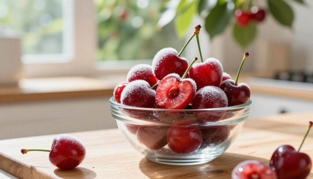 A serene summer scene showcasing frozen cherries in a glass bowl, glistening with frost. The foreground features the bowl filled with vibrant red cherries, some whole and others halved, revealing their juicy, glistening insides. In the middle, a light, airy kitchen setting with wooden countertops and soft, natural lighting streaming in from a window, casting gentle shadows. Background elements include a blurred view of fresh cherry trees outside, their leaves rustling in a light breeze. The atmosphere is inviting and fresh, exuding a sense of preservation and the joy of savoring summer fruits even in winter. An emphasis on clarity and color richness will enhance the visual appeal.