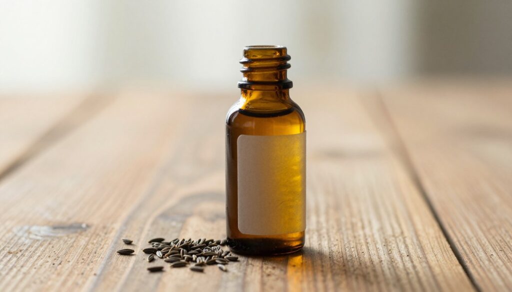 A sleek, dark glass bottle of black seed oil, elegantly placed on a rustic wooden surface. The bottle is round with a narrow neck and features a minimalist label design showcasing the rich golden hue of the oil within. In the foreground, a few black cumin seeds are scattered artistically around the bottle, emphasizing the oil's origin. The middle ground is softly blurred to maintain focus on the bottle while a light, natural backdrop of soft, diffused light creates a warm atmosphere, enhancing the oil’s rich color. Suggested angle: slightly above, shooting down to highlight the exquisite texture of the glass and oil. The overall mood is calm and professional, evoking a sense of quality and care in storage and handling. A sleek, dark glass bottle of black seed oil, elegantly placed on a rustic wooden surface. The bottle is round with a narrow neck and features a minimalist label design showcasing the rich golden hue of the oil within. In the foreground, a few black cumin seeds are scattered artistically around the bottle, emphasizing the oil's origin. The middle ground is softly blurred to maintain focus on the bottle while a light, natural backdrop of soft, diffused light creates a warm atmosphere, enhancing the oil’s rich color. Suggested angle: slightly above, shooting down to highlight the exquisite texture of the glass and oil. The overall mood is calm and professional, evoking a sense of quality and care in storage and handling.