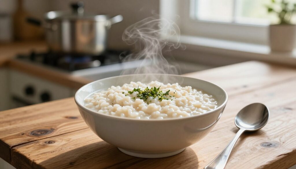 A soft bowl of rice porridge, or kleik ryżowy, gently steaming, placed on a rustic wooden table. The foreground features the creamy texture of the porridge, topped with a delicate sprinkle of chopped herbs for a hint of color. In the middle ground, a small spoon rests beside the bowl, glistening in natural light. The background shows a cozy kitchen setting, with soft focus on a pot of rice cooking on the stove and gentle sunlight pouring through a window, creating a warm, inviting atmosphere. The overall mood is calm and nurturing, highlighting the health benefits of this easily digestible dish. The lighting is soft and warm, enhancing the wholesome feel of the image.