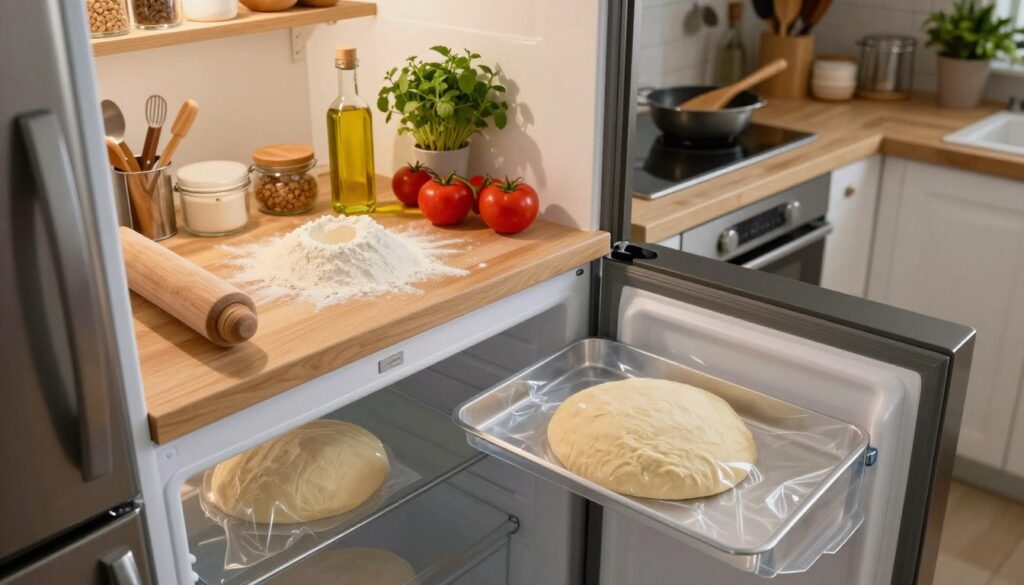 A spacious and organized kitchen setting featuring a refrigerator prominently in the foreground, slightly ajar to reveal fresh pizza dough wrapped in plastic, showcasing its smooth, elastic texture. In the middle ground, a wooden countertop holds essential pizza-making ingredients like flour, olive oil, and tomatoes, creating a vibrant contrast. The background includes shelves filled with various cooking tools and a potted herb plant for a touch of greenery. Soft, warm lighting casts gentle shadows, enhancing the cozy atmosphere of the kitchen. The angle is a slight overhead shot, inviting the viewer to appreciate both the dough in the fridge and the preparation space, evoking a feeling of home cooking and culinary creativity.