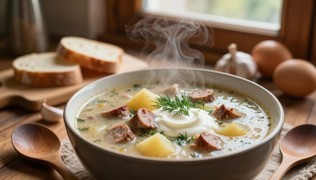 A steaming bowl of traditional, Polish żurek soup filled with a rich, creamy, light-brown broth. The soup features chunks of sausage and potatoes, garnished with fresh dill and a swirl of sour cream. The foreground captures the bowl in a rustic wooden kitchen environment, with a wooden spoon resting beside it. In the middle, a small cutting board displays sliced bread and additional ingredients like cloves of garlic and eggs. The background showcases warm, soft lighting filtering through an old, wooden window, creating a cozy atmosphere. The image is taken from a slightly elevated angle to highlight the soup's texture and vibrant ingredients, evoking a sense of warmth and home-cooked comfort. A steaming bowl of traditional, Polish żurek soup filled with a rich, creamy, light-brown broth. The soup features chunks of sausage and potatoes, garnished with fresh dill and a swirl of sour cream. The foreground captures the bowl in a rustic wooden kitchen environment, with a wooden spoon resting beside it. In the middle, a small cutting board displays sliced bread and additional ingredients like cloves of garlic and eggs. The background showcases warm, soft lighting filtering through an old, wooden window, creating a cozy atmosphere. The image is taken from a slightly elevated angle to highlight the soup's texture and vibrant ingredients, evoking a sense of warmth and home-cooked comfort.